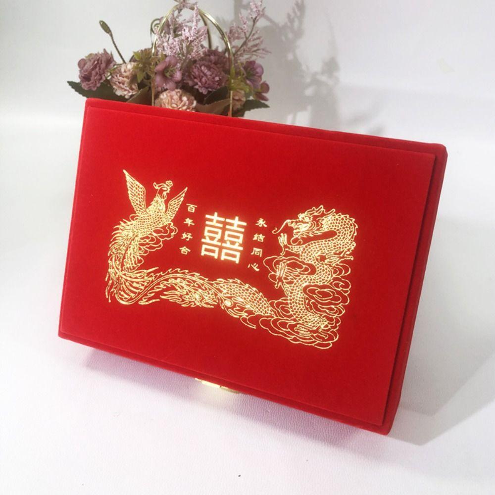 Dragon and Phoenix Wedding Jewelry Display Box Velvet Rings Earrings Storage Case Home