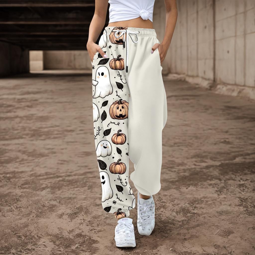 Женские повседневные брюки с принтом на Хэллоуин, эластичные брюки с завязками на талии
