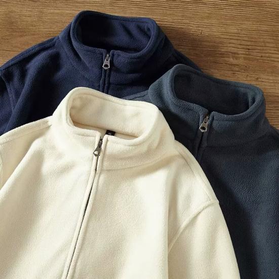 Men Outdoor Fleece Jacket Windbreaker Liner with Zip Thick Double-sided Long Sleeve Jacket Warm Solid Color Fall Winter Outwear for Sports Office
