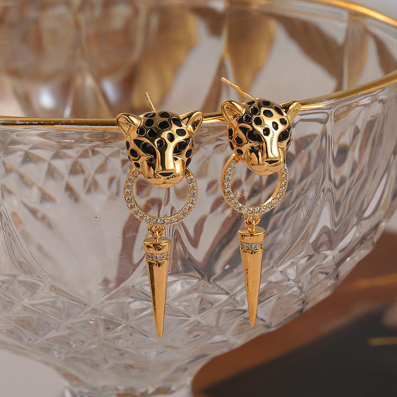 Серьги-подвески с черной эмалью и леопардовым принтом, позолоченные, персонализированные, в стиле хип-хоп, модные, панк, украшения в виде животных для женщин