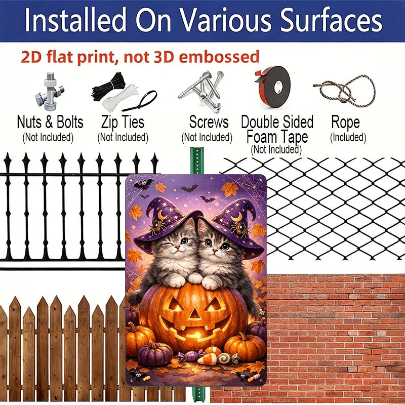 2D Flat, 1pc Cute Witch Kitten Pumpkin Aluminum Sign, Halloween Wall Decor, Mystery Wall Art for Halloween Themed Space - Perfect for Spooky