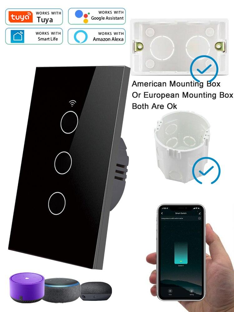 Tuya WiFi Smart Light Switch 1/2/3 Gang Сенсорный выключатель без нейтральной линии Управление по стандарту США с помощью приложения Работает с Alexa Google Home
