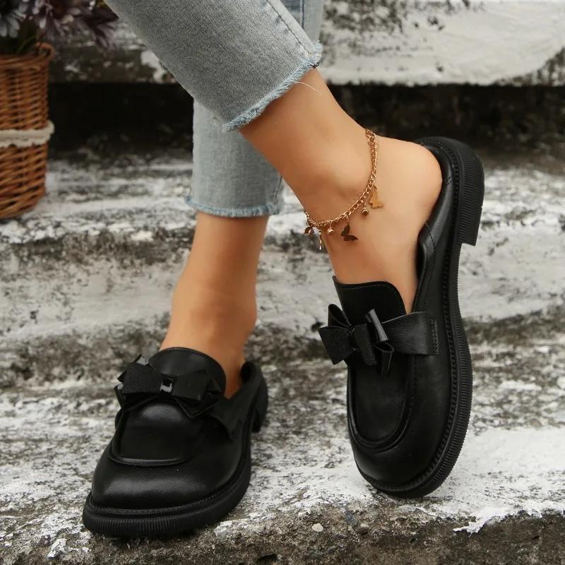 Женская обувь Лоферы Женские туфли на плоской подошве Для офиса и карьеры Женские туфли на плоской подошве с круглым носком Слипоны с цепочкой и галстуком-бабочкой Туфли больших размеров Для женщин