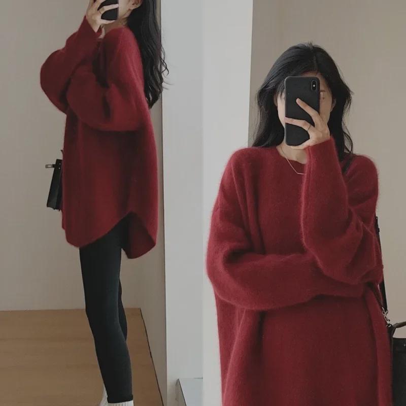 Women's Lazy Style Mid-Length Knitted Sweater - Autumn & Winter 2024 Loose Long-Sleeve Thickened Top