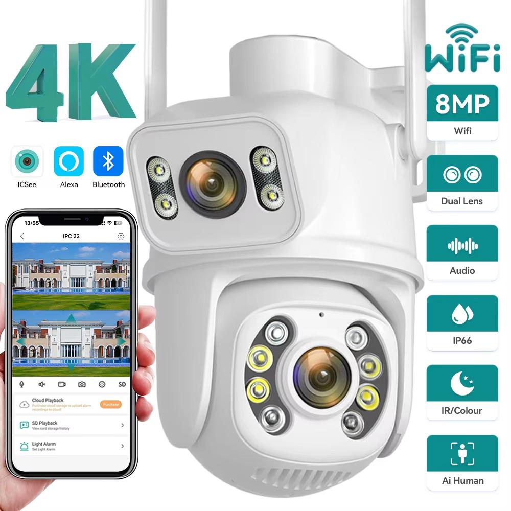 New EU 8MP 4K WIFI IP Camera PTZ Dual Lens with Dual Screen Ai Human Detect Night Vision Outdoor Wifi Surveillance Camera ICsee CCTV Video