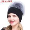 JERYAFUR Трикотажная шапка с помпоном из настоящего меха