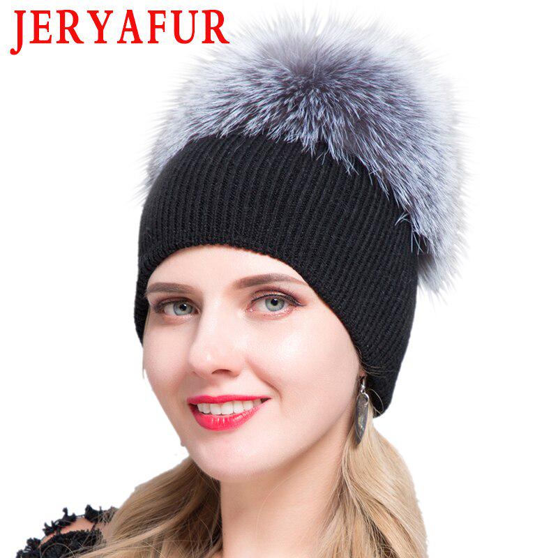 JERYAFUR Трикотажная шапка с помпоном из настоящего меха