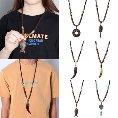Boho Ethnic Jewelry Handmade Lucky Gift Mala Wood Bead Buddhist Horn Fish Pendant Nepal Necklace