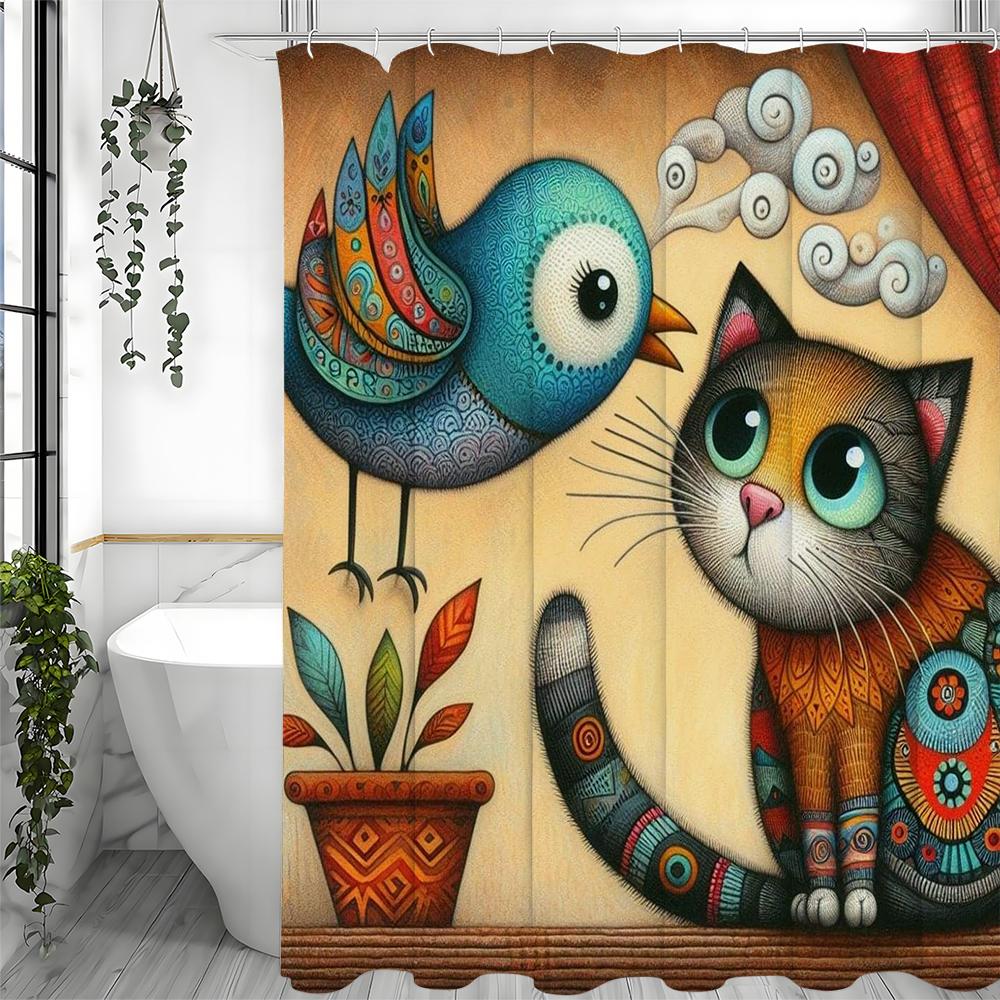 Милая кошка птица в горшке занавеска для душа, декоративная занавеска для душа для ванной комнаты, водонепроницаемая занавеска для душа с крючками