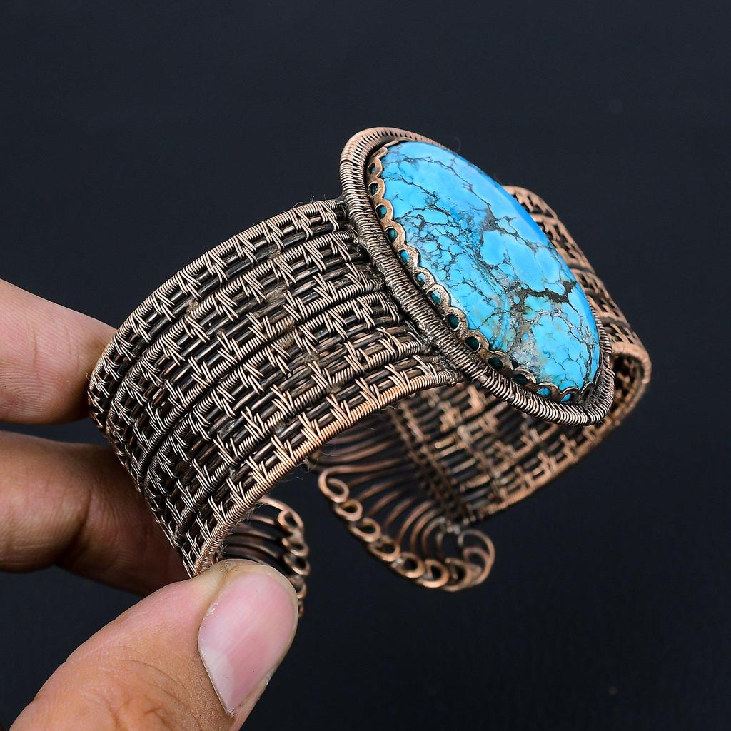 Драгоценный камень бирюзовый, чистая медная проволока, завернутая в манжеты/браслет ручной работы, регулируемые ювелирные изделия