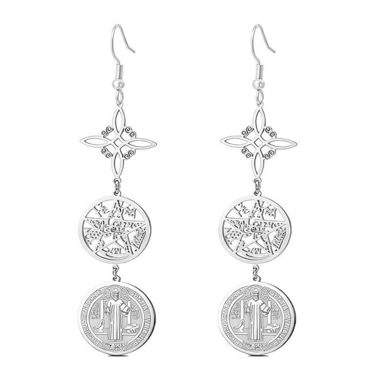 Saint Benedict Witch Knot Multi-Pendant Stainless Steel Ear Hook Earrings
