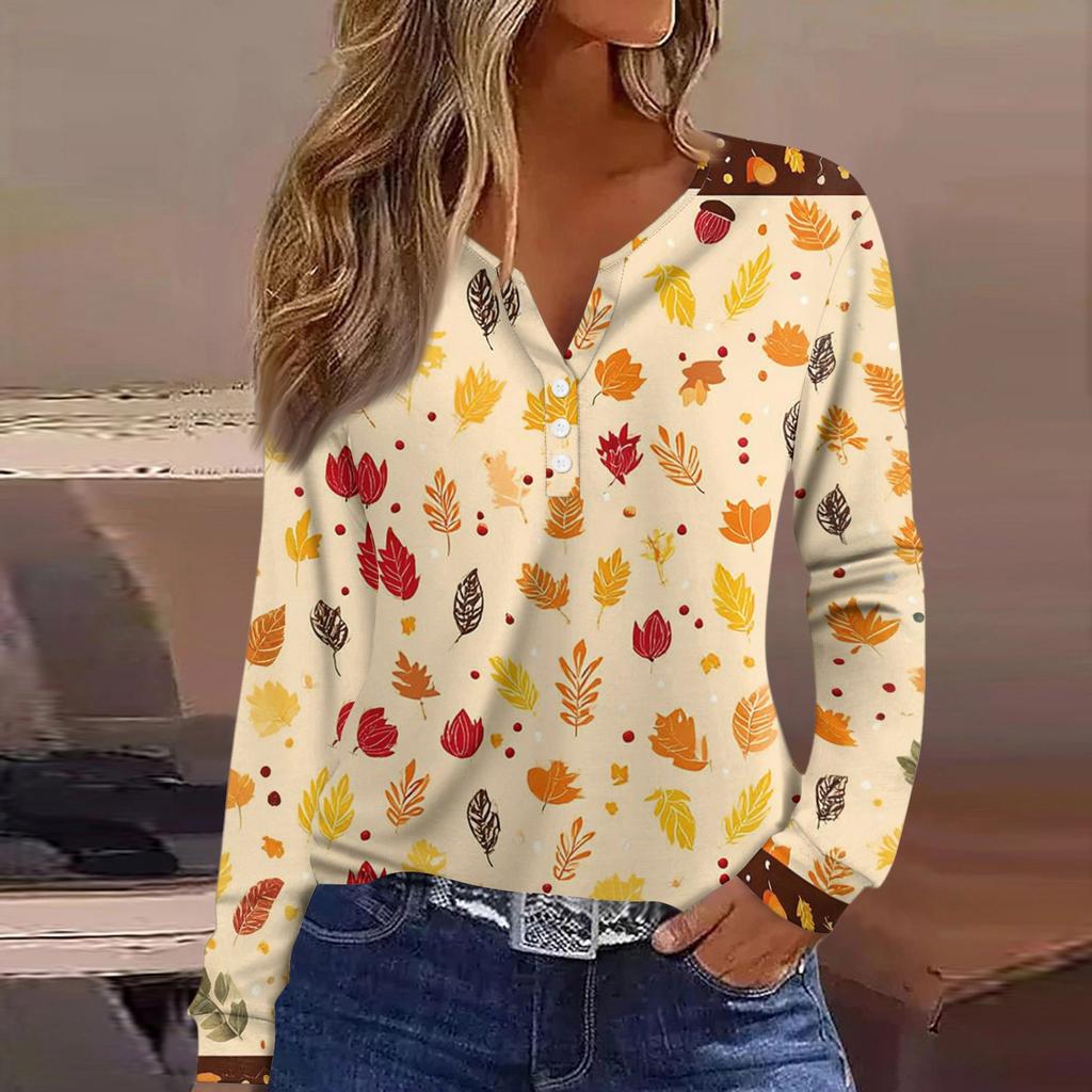 Жен. Футболка Футболка на пуговицах с длинным рукавом Повседневные Выходные Мода Классический Топ с v-образным вырезом Обычный