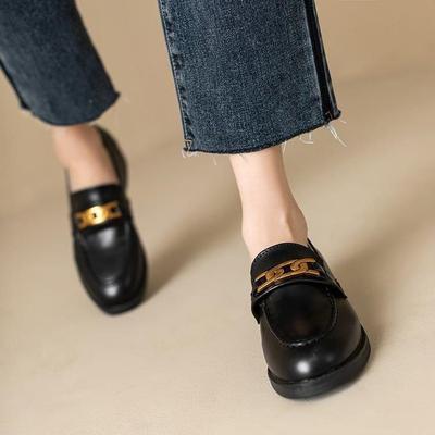 Лоферы на толстом каблуке с металлической пряжкой, женские, весна 2025, новые, французский ретро стиль, коричневые, универсальные, одинарные, из маленькой кожи, женские