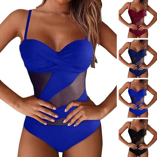 Women Monokini Spaghetti Strap See-through Mesh Low-cut Backless Slim Fit Swimming