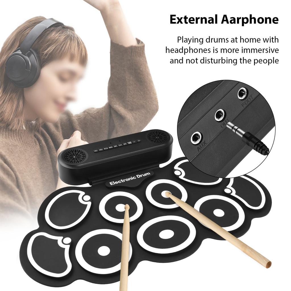 Electronic Drum Set with Dual Speaker Roll-Up Drum Pad 9 Pads Supports BT MIDI Various Audio