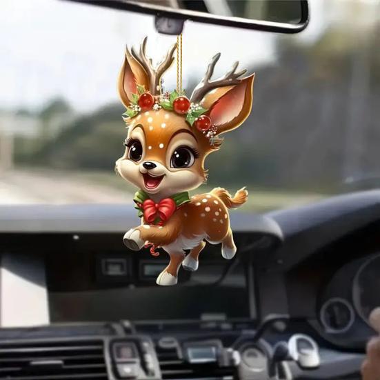 Christmas Elk Ornament Flat Acrylic Hanging Decoration Cartoon Deer Festive Pendant for Christmas Tree Car Interior Rearview Mirror Decor