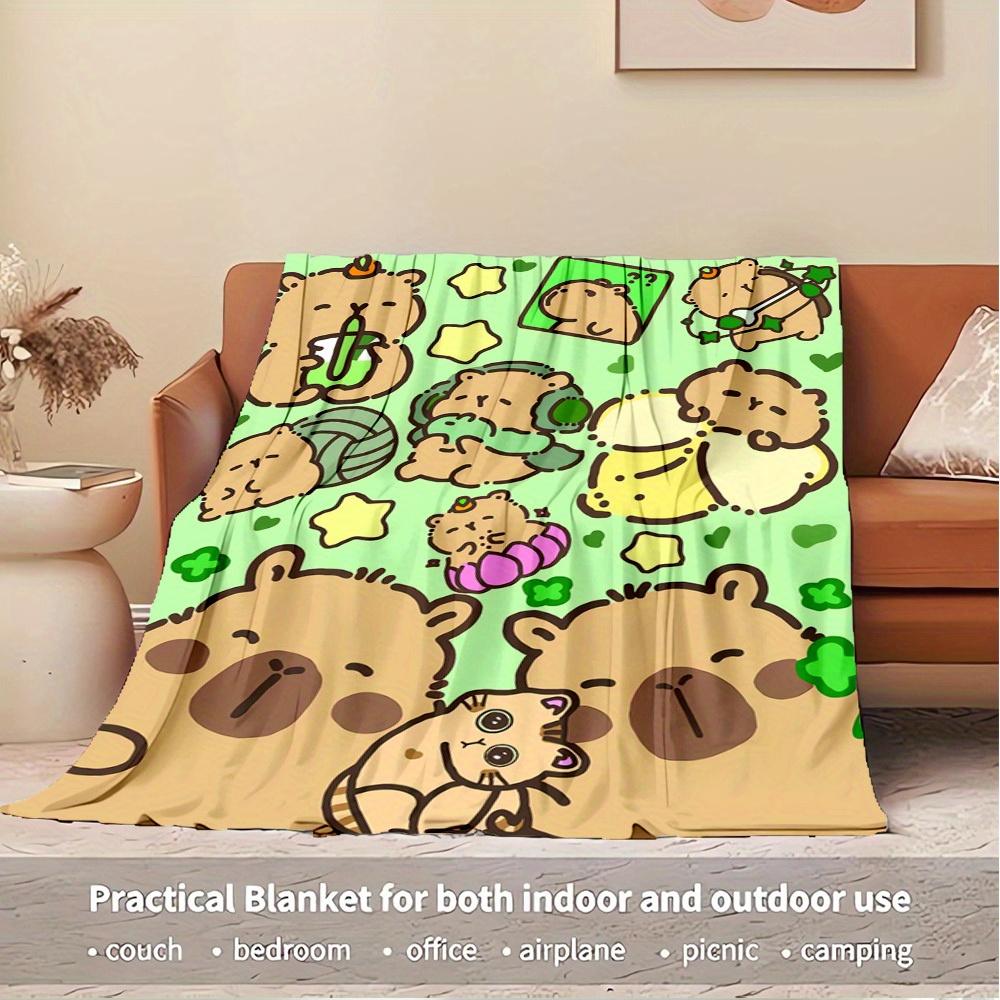 1pc Capybara,Cartoon Characters,Playful Scene Digital Print Flannel Blanket - Contemporary Style, Suitable for All Seasons, Perfect for Home