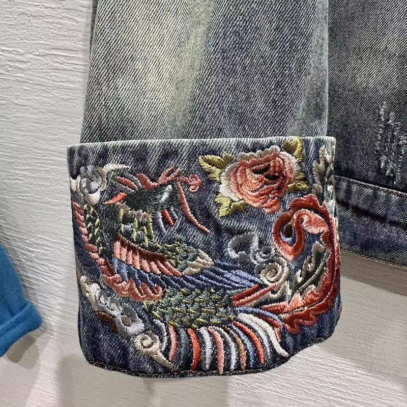 Модные винтажные куртки с вышивкой, женские корейские свободные джинсовые пальто с воротником-стойкой для женщин, повседневная верхняя одежда с длинными рукавами, женская куртка