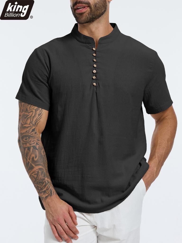 Летняя Новая Мужская Хлопково-Льняная Футболка с Коротким Рукавом Дышащая Легкая Однотонная Мужская Модная Футболка Хенли с Пуговицами