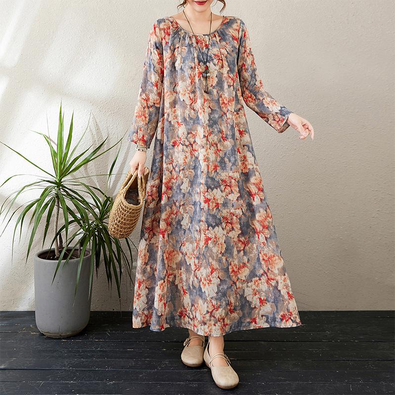 Осеннее литературное платье больших размеров с принтом, свободным круглым вырезом и длинными рукавами для женщин, платья