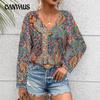 Plus Size Women's New Autumn Printed V Neck Long Sleeved Top