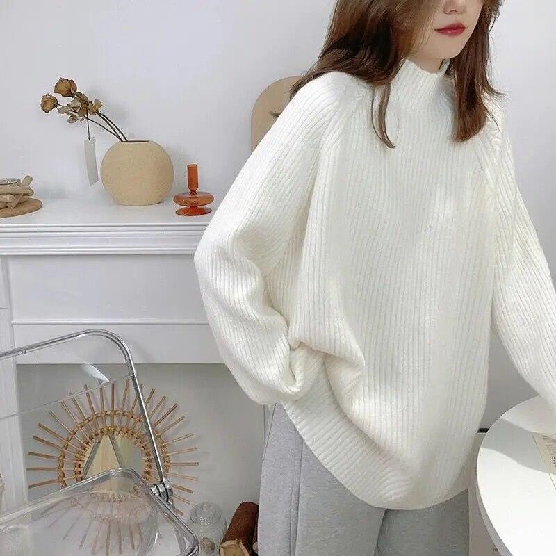 High Pullover Neck Women Sweater Autumnwinter Solid Long Sleeve Loose Winter Bottom Knit Sweater Pullover Female Tops