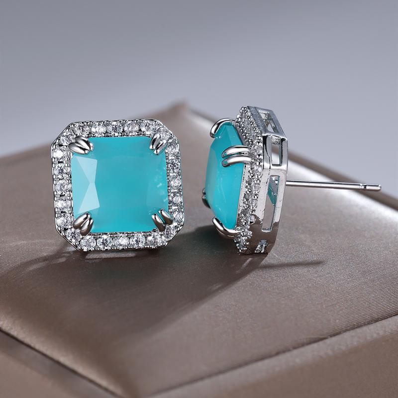 Элегантные квадратные серьги-гвоздики из циркона Параиба для женщин серебряного цвета, свадебные украшения