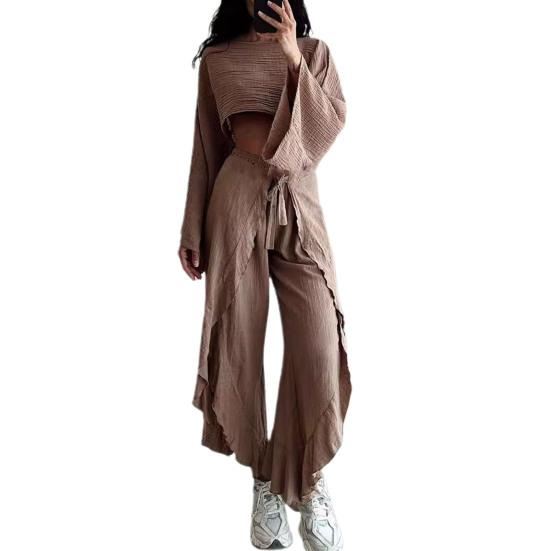 2 Pcs/Set Women Crop Top Pants Set Long Sleeve Boat Neck Short Top High Waist