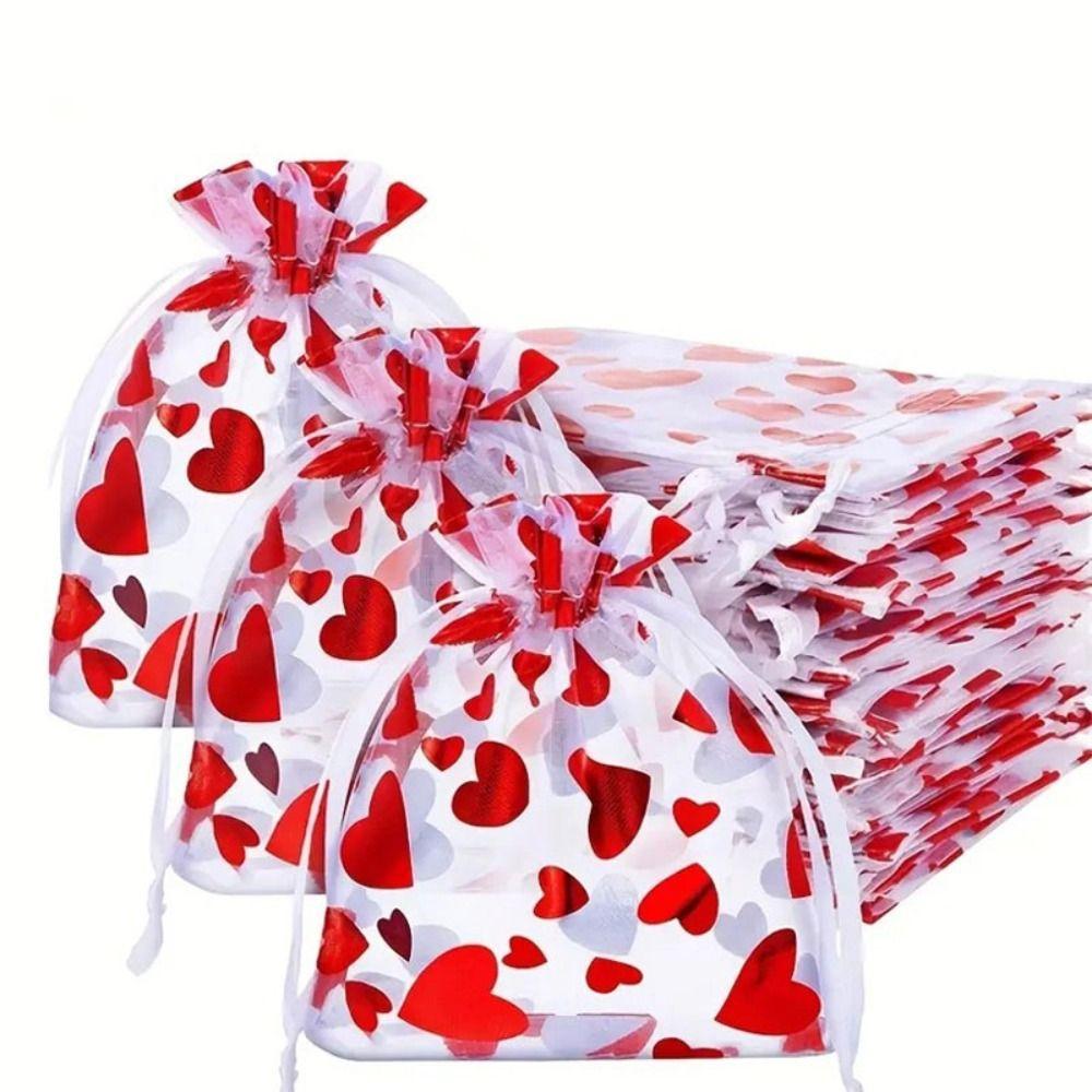 20pcs Love Heart Valentine's Day Gift Bag Drawstring Bronzing Gift Bag Mesh Candy Pouches Wedding