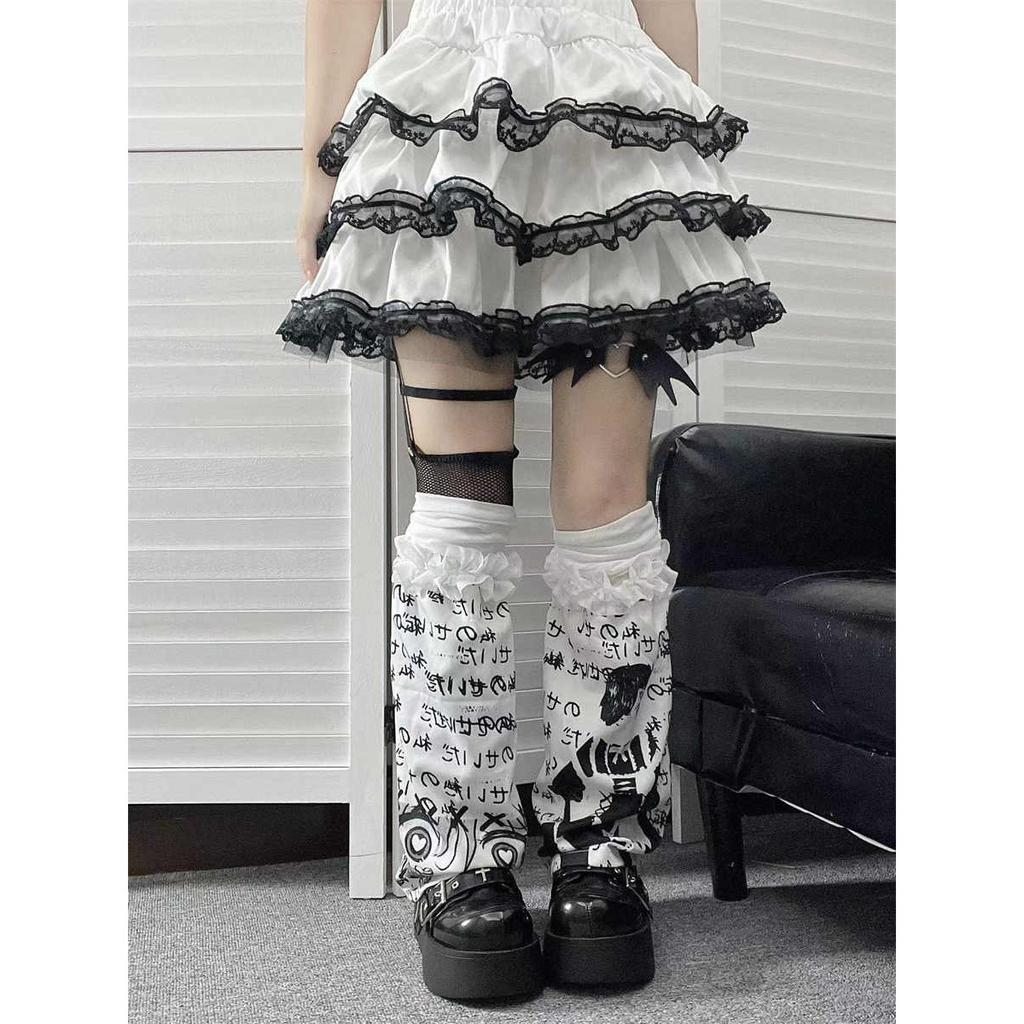 Fashion Punk Ruffle Trim Flared Leg Sleeves for Women Harajuku Japanese Anime Letter Print Leg Warmer Knee Length Socks