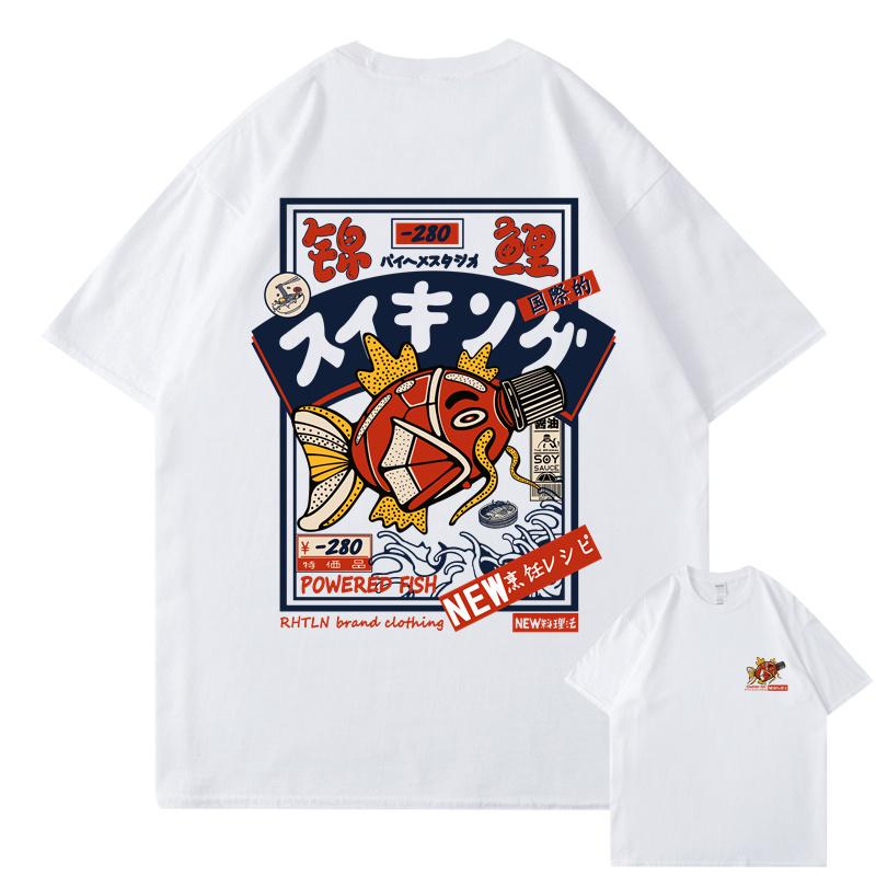 Hip-Hop Streetwear Harajuku T-Shirt Japanese Kanji Fish Print T-Shirt 2025 Manjin Katada Casual Korte Mouw Japanese Style