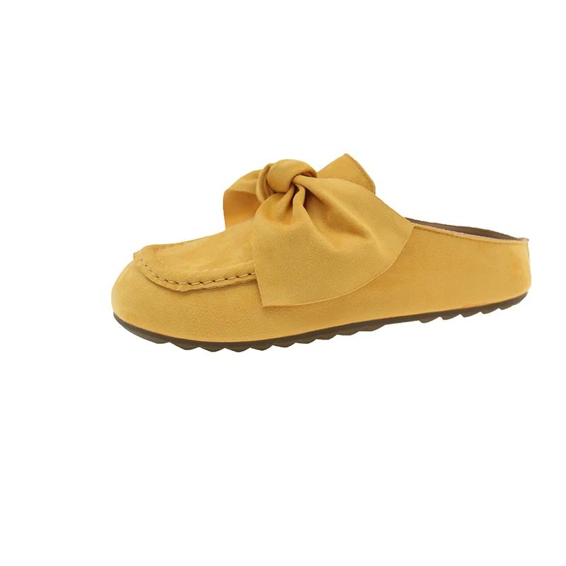 Retro Women's Slippers Bow Flat Sole Round Toe Cow Suede Women's Mules Dress Leisure Comfortable Inner Roman Zapatillas De Mujer