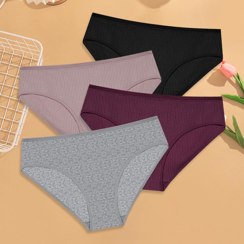 4Pcs Women's Cotton Ribbed Briefs Solid Breathable Elastic Underwear Sexy Simple Comfortable Panties Girls Soft Basics Lingerie