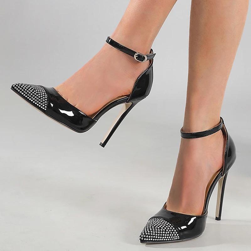 Eilyken Весенняя мода CRYSTAL Тонкие каблуки с пряжкой на ремне Женские туфли-лодочки с острым носком Босоножки на каблуке Вечерние мюли Женская обувь