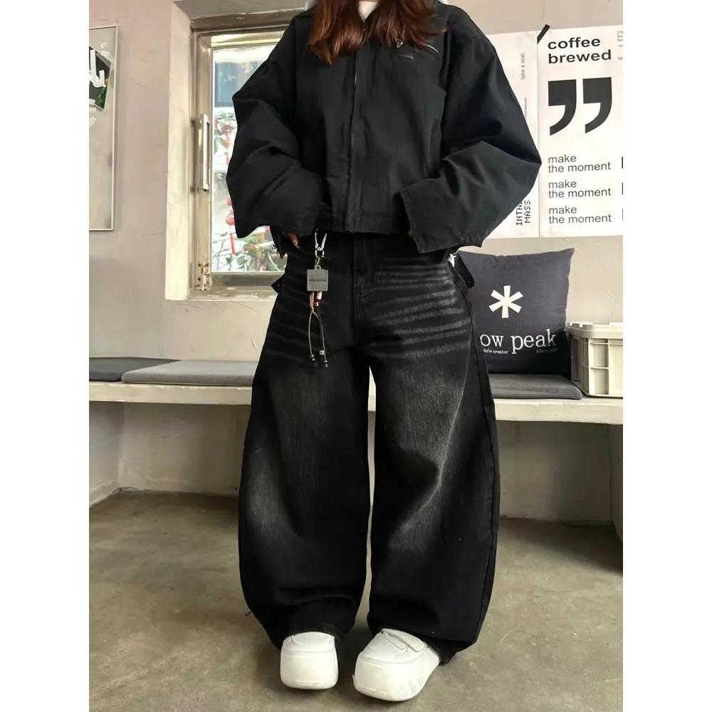 LUXEON Y2k Vintage Black Letter Embroidery Jeans Washed Harajuku Wide Leg American Retro Scimitar Denim Pant Baggy Casual