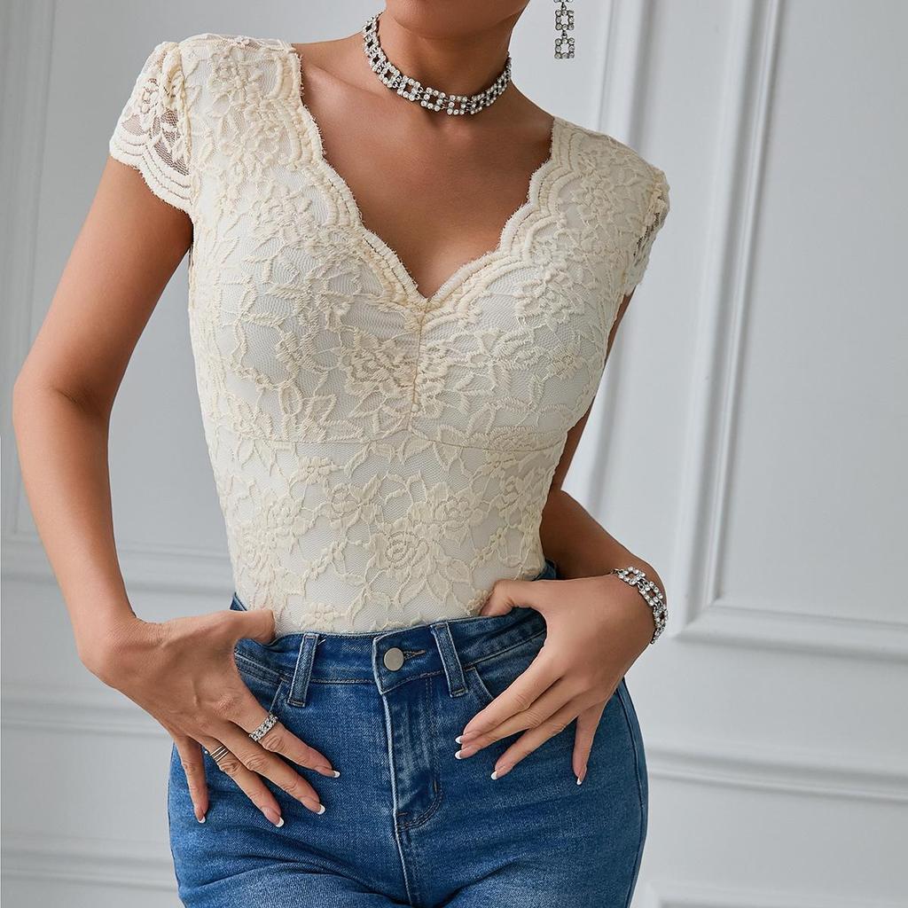 2025 Summer European & American Solid Lace-Trim Deep V Backless Bodysuit