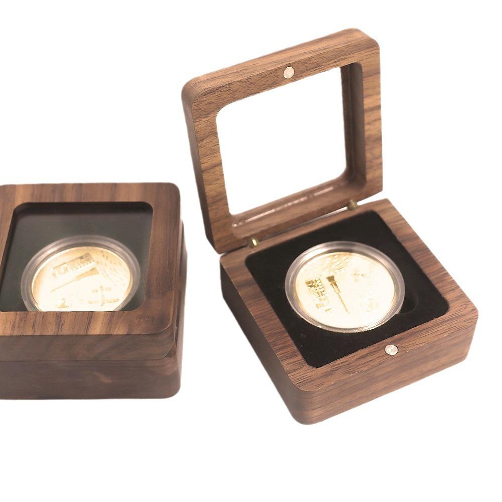Customizable Handmade Square Wooden Commemorative Coin Storage Gift Box Transparent Window for Medal Silver Coins Made