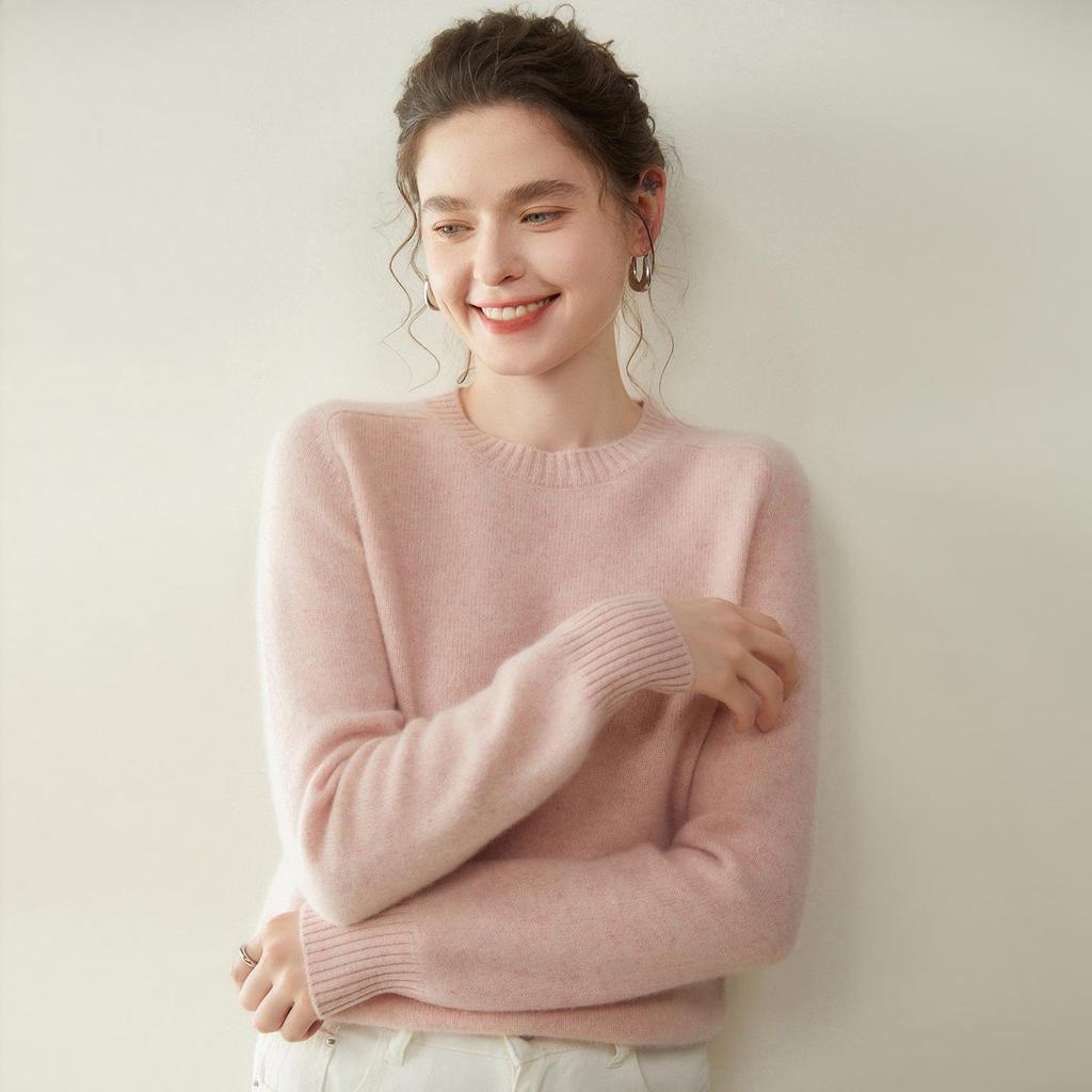 Женский кашемировый свитер с круглым вырезом - Коллекция Осень/Зима 2025, Реглан, Утепленный, Однотонный, Свободный крой, Стройнящий вязаный базовый.