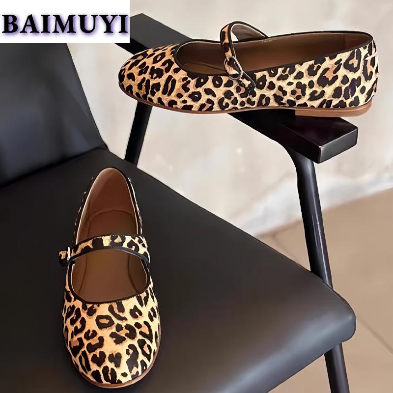 Leopard Flats Women Mary Janes Shoes 2025 Trend Winter New Lolita Shallow Shoes Designer Dress Prom Elegant Mujer Zapatillas