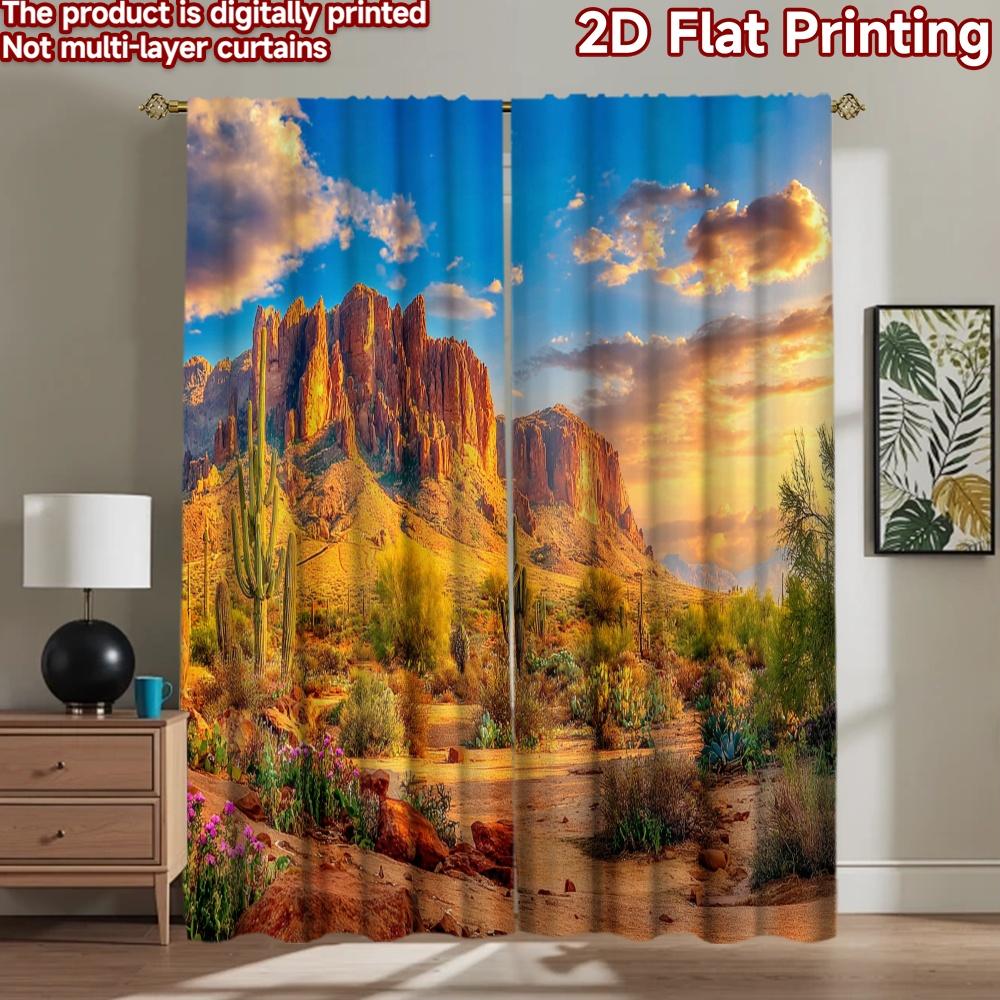 2D flat printing 2pcs Window Curtains Desert Mountain Landscape Saguaro Cacti Digital Printed Polyester Drapes Party Decorations
