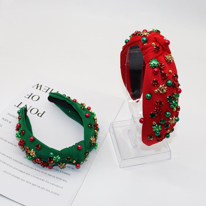 Европейско-американская рождественская повязка на голову с узлом из страз и жемчуга и 3D металлическими цветами - праздничный женский аксессуар для волос
