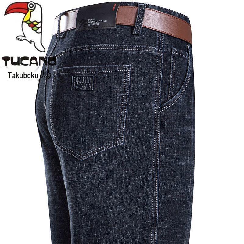 Woodpecker Men's High-Waisted Winter Fleece-Lined Stretch Jeans - Business Casual Straight-Leg Trousers