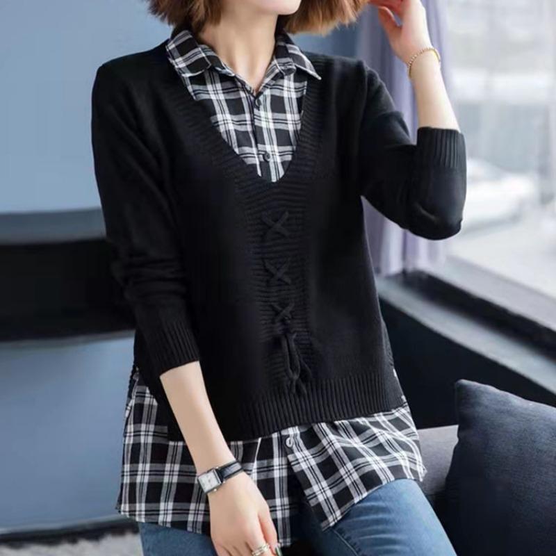 Classic Pullover Knitted Sweater for Women with V-neck Tie Two Pieces of Autumn Winter Loose Long Sleeved Sweater Women's Base Shirt