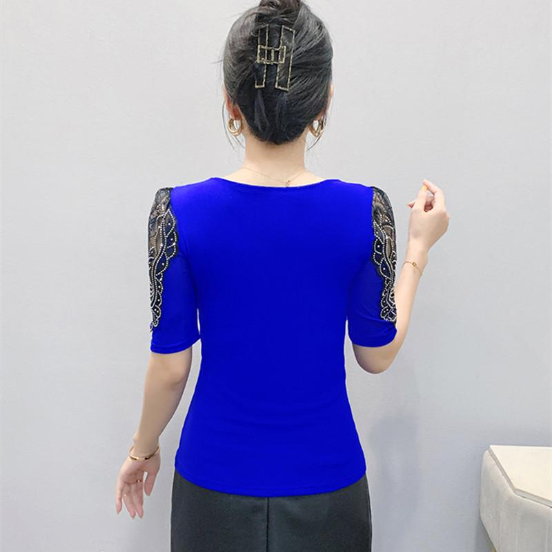 New Summer Luxury Shiny Hot Diamonds Women's Embroidery Flower T-Shirt Elegant V-Neck Lace Patchwork Tops Female Transparent Mid-Sleeve Tees