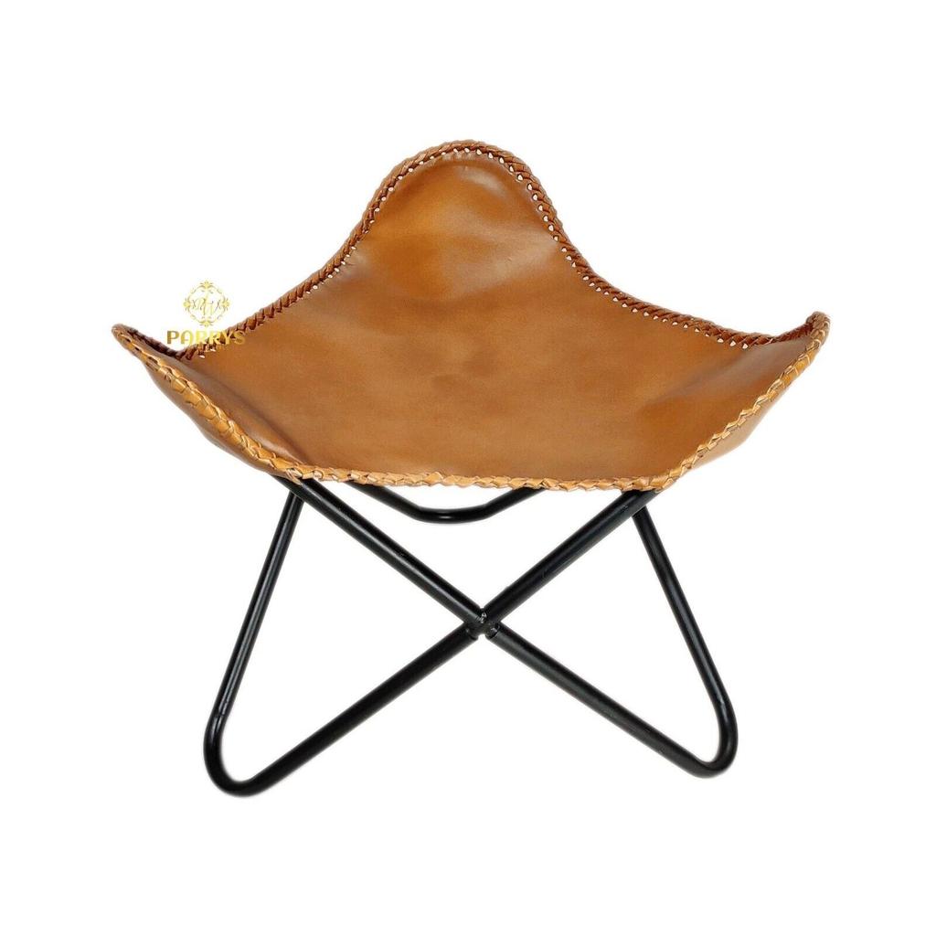 Коричневый кожаный стул ручной работы и табурет для ног с железной подставкой