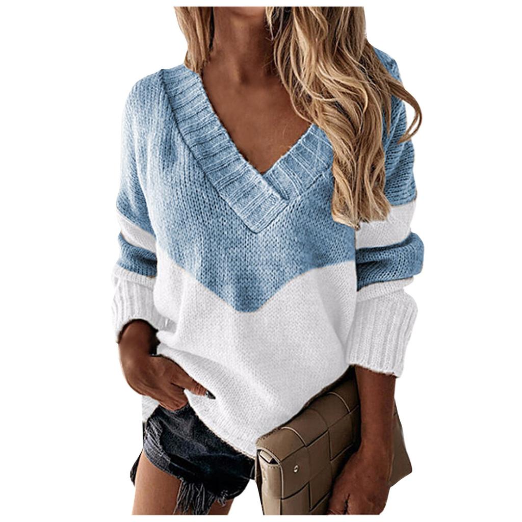 Женский модный пуловер с v-образным вырезом, свободный повседневный свитер, полосатый вязаный свитер
