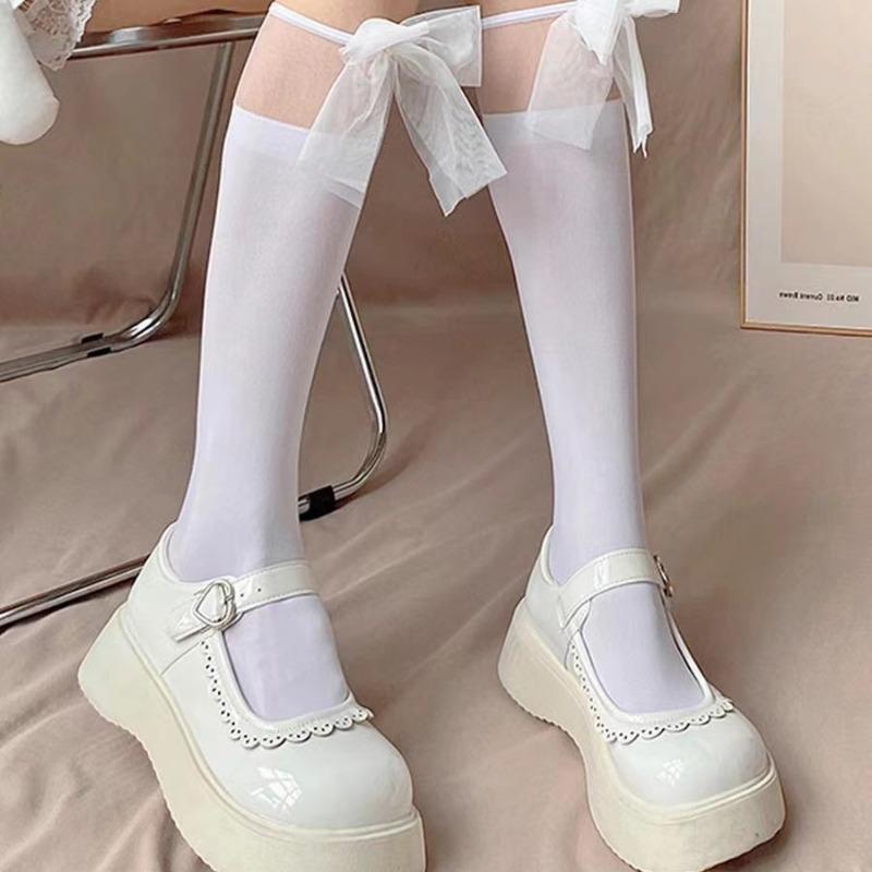 Белые кружевные чулки Jk с пэчворком средней длины, детские весенне-летние тонкие белые чулки с бантом, носки Лолита для теленка