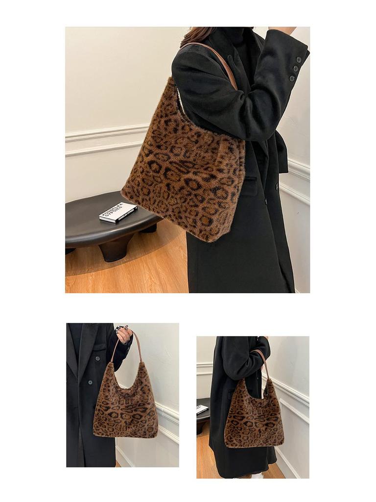 Leopard Print Plush Tote - Women's Versatile Large-Capacity Autumn/Winter Shoulder Bag