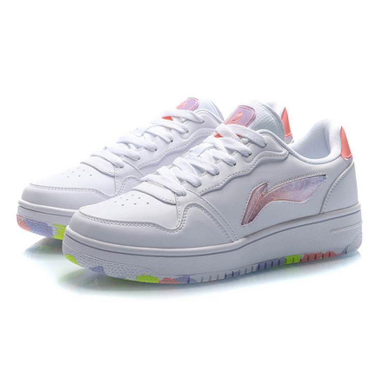 Li Ning Leather Classic Color Label Shock Absorbing Non-Slip Wear-Resistant Low-Top Casual Shoes Women Sneaker White Purple AGCP362-1