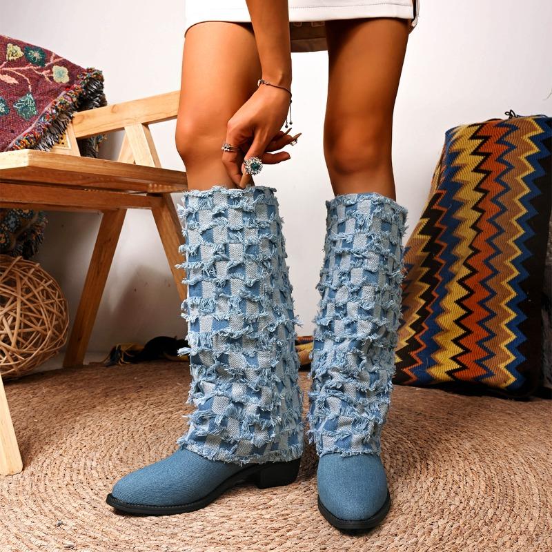 Модная осенняя джинсовая обувь на квадратном каблуке женская до колена с острым носком на каблуке туфли женщина тренд челси сапоги mujer гладиаторские ботинки